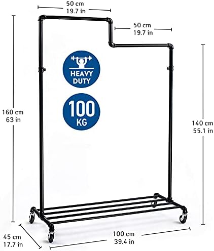 Tatkraft Tube Modern Clothes Rail Stable in Industrial Design, Holds up to 100kg, Heavy Duty Coat Rack on Wheels, 2 Levels Garment Rail with Shoe Rack, Black