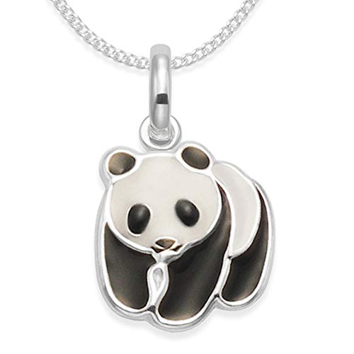 Für Kinder Silber Panda Halskette auf Silber Kette - Schwarz & Weiß Emaille Panda - Anhänger Größe: 13 mm x 15 mm. 4835