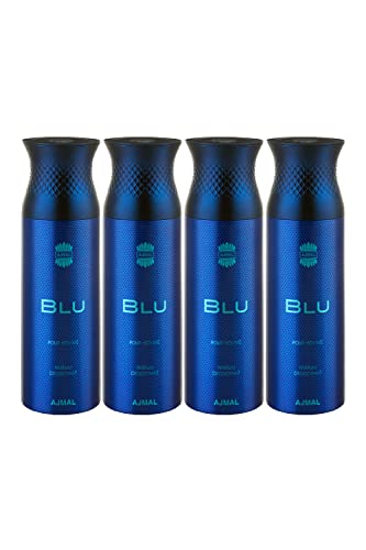 Image of Ajmal 4 Blu Deodorant Spray - For Men (200 ml, Pack of 4) + 2 Perfume Testers