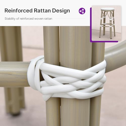Image of PURPLE LEAF Outdoor Round Bar Height Stool Set of 2 Patio Backless Barstools Aluminum Frame in Champagne Finish with White & Gray Woven Rattan for Indoor Kitchen Dining Bistros Cafe Restaurant