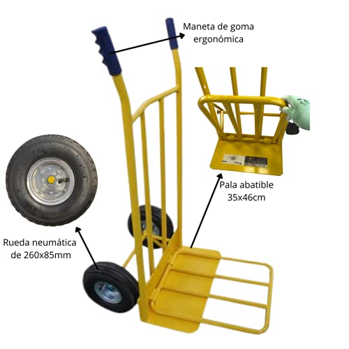 Carretilla de Carga Profesional con Ruedas neúmaticas de 260mm, Carga máxima de 300kg,chasís Tubular de Acero 25mm Color Amarillo.Peso 16kg y Pala abatible de 43cm