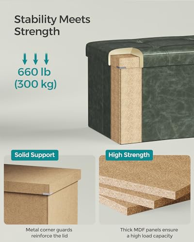 Image of SONGMICS Mazie Collection - 43 Inches Folding Storage Ottoman Bench, Ottoman with Storage, Foot Rest Stool, Load 660 lb, for Living Room, Synthetic Leather, Forest Green ULSF070C01