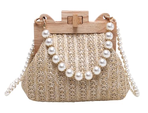 Trendy Crossbody Bag For Women Shelled Clutch Purse Exquisite Straw Shoulder Bag with Pearls and Wood Accents Wedding 2025
