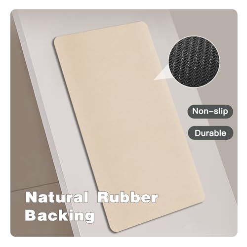 Bathroom Mat Quick Dry, Bathroom Rugs Non Slip Washable Thin Absorbent Bath Mat Fits Under Door Bathroom Floor Mat Perfect for Bath, Shower, or Sink 24"x36" Beige