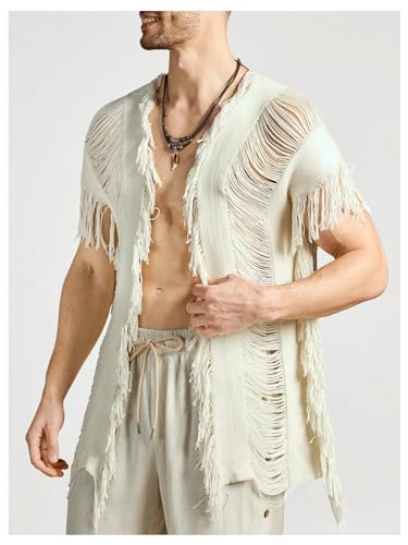 WDIRARA Men's Tassel Hem Hollow Out Vintage Cardigan Ripped V Neck Short Sleeve Casual Outerwear3
