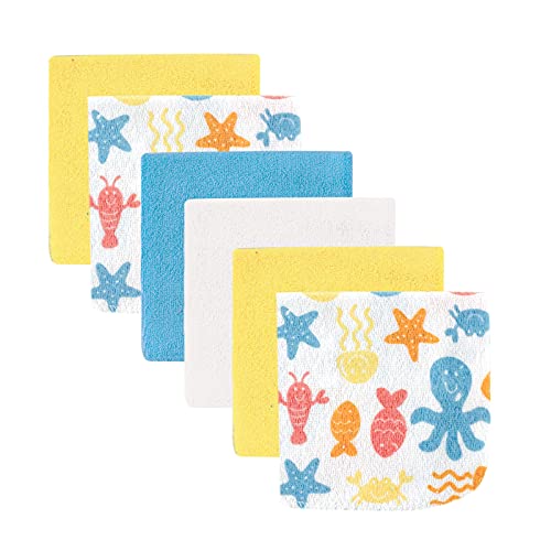 Image of Luvable Friends Unisex Baby Cotton Rich Washcloths, Yellow Sea Creatures, One Size