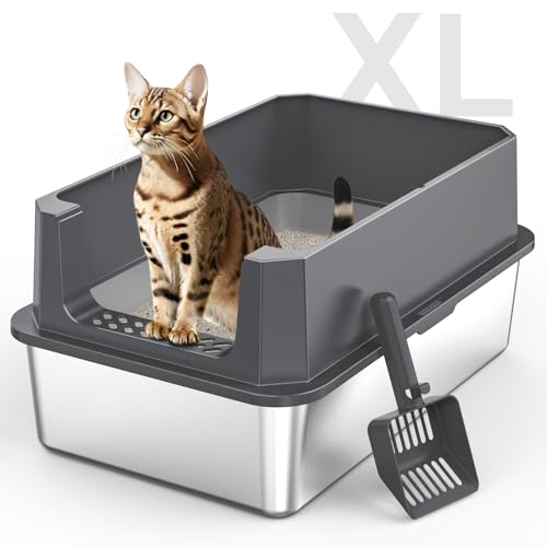 Stainless Steel Litter Box, Extra Large Litter Boxes for Big Cats, XLarge Metal Cat Litter Box with Lid, Anti-Urine Leakage XL Box with High Sides, Easy Clean, Non-Sticky, Scoop Included