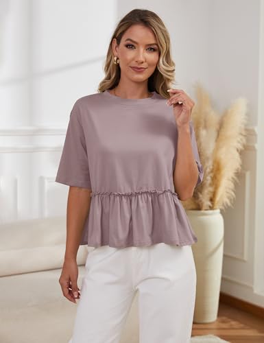 Women Summer Short Sleeve T-Shirts Oversized Dressy Casual Work Blouses Cropped Cute Ruffle Babydoll Peplum Tops2