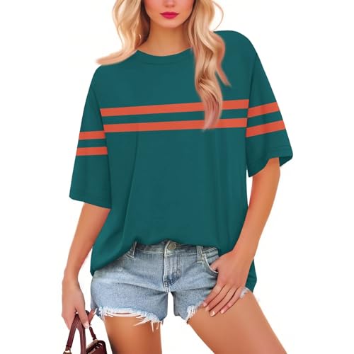 Oversized Tshirts for Women Loose fit Comfy Short Sleeve Crewneck Striped T Shirt Casual Summer Beach Vacation Clothes for Women Beach Fashion Lightweight Half Sleeve Tops Womens Fashion Clothes