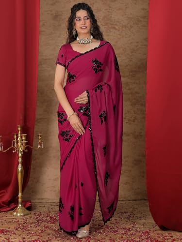Image of Satrani Women's Shimmer Georgette Sequins Embroidery Saree with Unstitched Blouse Piece