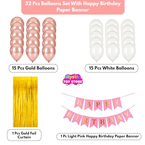 Image of Happy Birthday Decoration Kit for Baby Teenage Girls Men Women Adults Home Table Year With 30 Pc Rose Gold White Balloons 1 Pc Pink Happy Birthday Paper Banner 1 Pc Golden Foil Curtain Items Set Combo