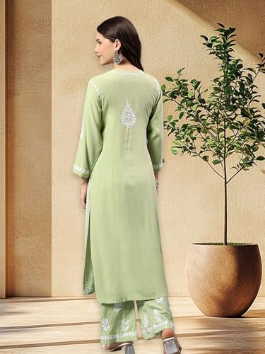 Image of Seva Chikan Hand Embroidered Lucknowi Chikankari Rayon Kurta and Palazzo Set SCL8037