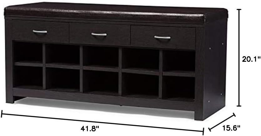 BOWERY HILL Shoe Rack Bench, 41.8” Wide, Engineered Wood and Faux Leather, Espresso Finish, 10-Cubby Storage, Foam-Padded Seat, 3 Drawers for Entryway or Mudroom Organization