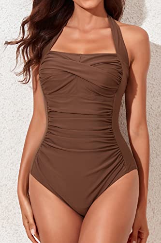 Image of Smismivo Tummy Control Swimwear Halter One Piece Slimming Vintage Retro Swimsuit Womens Ruched Push Up Bathing Suit