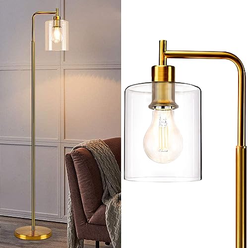 Gold LED Floor Lamp - Eye-Care Standing Light with Hanging Glass Shade, Industrial Metal Design, Reading Lamp for Living Room & Bedroom, E27 Socket (6W A60 LED Bulb Included)