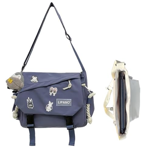 Inshere Bolsa transversal estética com lindos alfinetes e ornamentos, bolsa mensageiro de ombro de nylon japonesa Kawaii para mulheres e homens, L - laptop com ajuste azul