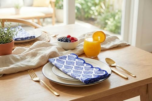 Image of PurpleEssences Scalloped Cloth Napkins 18x18 in - Floral Paisley Edges Blue