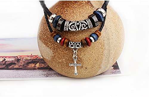 Image of Vintage Style Double Layers Braided Leather Tribal Necklace with Charm Cross and Teeth Pendant