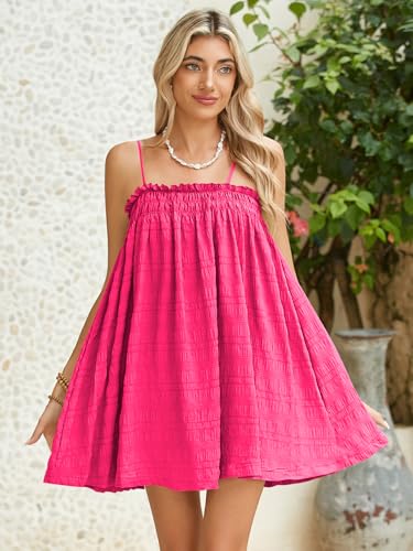 Image of MakeMeChic Women's Sundress Beach Dress Sleeveless Ruffle Swing Shirred Casual Flowy Babydoll Summer Mini Dresses