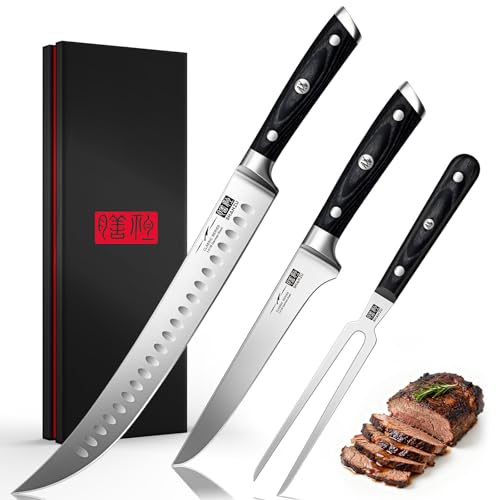 SHAN ZU 3Pcs BBQ Carving Knife Set with Sheath – for Turkey, Meat, BBQ, Brisket, Razor Sharp Slicing Knife, Professional 5Cr15MoV Stainless Steel, Ergonomic Full Tang Wood Handle, Gift Box Included
