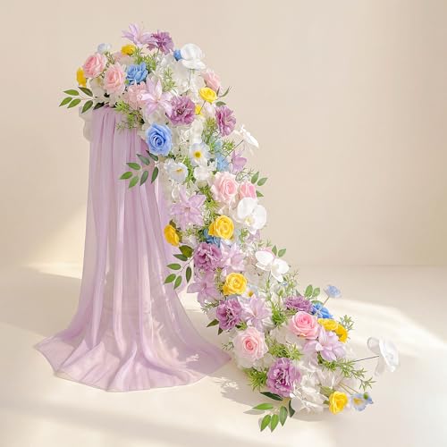 36inch Aisle Flower Garland with Chiffon Sheer Drape, Multi-Color Artificial Flowers Rose with White Butterfly Orchid, Floral Runner for Wedding Arch, Backdrop, Reception Table Decor, Ceremony Pathway