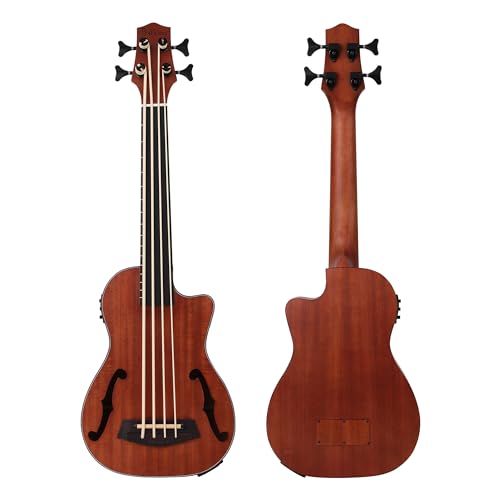 Batking Ubass Electric Bass ukulele, 30 Inch Cutaway Fretless Bass Wooden Electric Acoustic Bass Ukulele Ukelele Built-in EQ Tuner with F Sound Holes