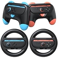 FASTSNAIL Controller Grips (2 Pack) & Steering Wheels (2 Pack) for Switch 2, Ergonomic Handles Kit for Switch 2 Mario Kart World Wheel, Accessories for Mario Kart 8 Deluxe with Family Party Bundle
