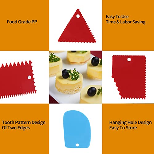 Cake Scraper Set,Cake Scraper Smoother Cake Decorating Comb,Reusable Dough Scraper Bread Cream Pizza Cutter,Flexible Plastic Pastry Cutter For Baking Cake Edge Stripe Decorating(6Pcs,Blue,Red) #TOP5