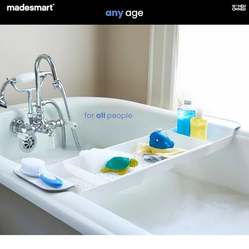madesmart-Expandable-Bath-Tray-White-adjustable-tub-fit-drainage-holes-soft-grip-sides-soap-razors-toys-bathtub-caddy-woman-owned