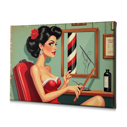 Toile déco salle de bain femme aux ciseaux racontant une histoire
