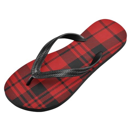 Eionryn Black and Red Tartan Plaid Womens Flip Flops