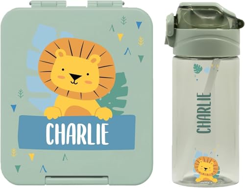 Stellasticker - Set con borraccia personalizzabile per bambini e porta pranzo/merenda personalizzato per bambini in plastica - Borraccia con cannuccia capacità 450 ml - Senza BPA (Verde salvia)
