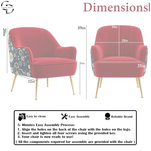 Image of Accent Chair with Ottoman | Modern Velvet Lounge Chair with Floral Designer Back | Upholstered Armchair for Living Room, Bedroom & Cafe | Golden Legs (Pink Floral)