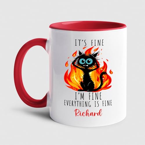 Customized Choose Name Cat White Mug For Cat Lovers Men Women Employees Friend, I'm Fine Everything Is Fine Coffee Mug 11 Oz, Personalized Sarcastic Accent Ceramic Cup Gift For Birthday Christmas