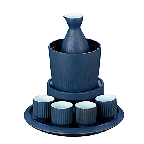 Trendy Design Sake Set Japanese Hot Ceramic Sake Set with Warmer 8-Piece, 4 Cups, Carafe & Heating Pot, for Christmas, Birthdays, and Anniversaries