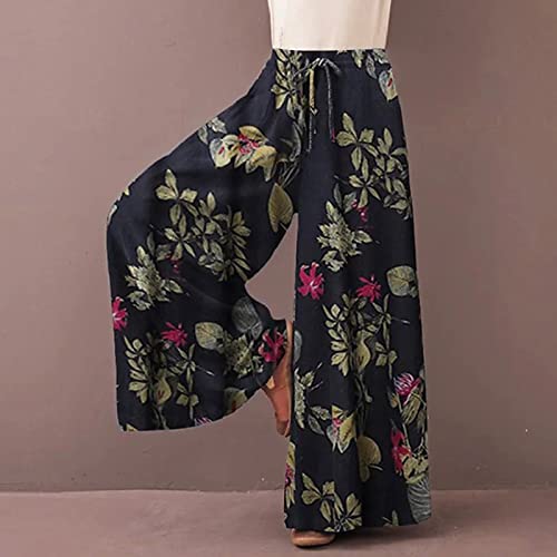 Plus Size Linen Elastic Waist Jogger Pants for Women Wide Leg Drawstring Flowy Fall Casual Palazzo Printed Trousers (Navy 5X)4