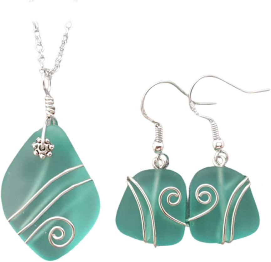 Handmade Wire Wrapped Aqua March Birthstone sea glass Necklace+Earrings Set, (Hawaii Gift Wrapped, Customizable Gift Message)