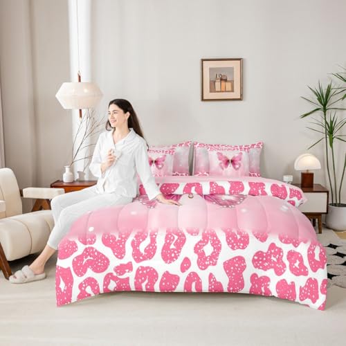 Image of Feelyou Cute Butterfly Comforter Set with Sheets 7 Piece Queen Size Leopard Print Bedding Set for Kids Boys Girls Butterflies Print Bed in a Bag Glitter Dreamy Princess Soft