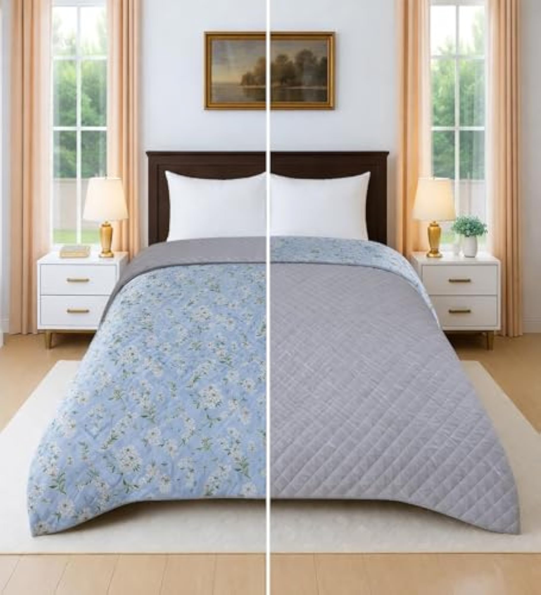 Reversible Cotton Comforter, Blue Floral Pattern, Double Bed