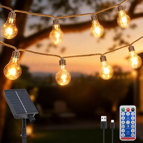 DBFAIRY 10M Solar Lichterkette Aussen mit 20 Glühbirnen Solar Lichterkette Außen Wetterfest mit Timer 8 Modi Vintage Hanfseil Solarlichterkette Outdoor für Garten Balkon Party (Warmweiß)