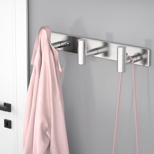 Image of PMMASTO Stainless Steel Coat Rack Wall Mounted, Heavy Duty Metal Hook Rail for Hanging Coats Hats Towels Robes Bags, Modern Wall Hooks Organizer (Silver, 3 inchT Hooks, 2 Pack)