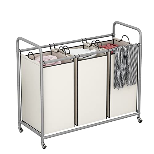 LINZINAR 3-Bag Laundry Sorter,Laundry Hamper Cart with Heavy Duty Rolling Lockable Wheels and Removable Bags (Beige)