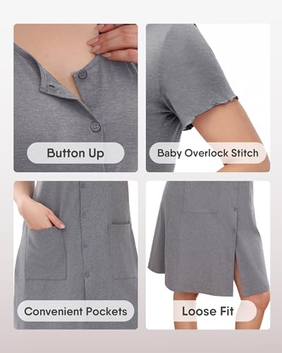 Image of ZOOSIXX Nightgowns for Women - Short Sleeve Sleepwear Button Up Pajamas for Women V-Neck Sleepwear Dress with Pockets