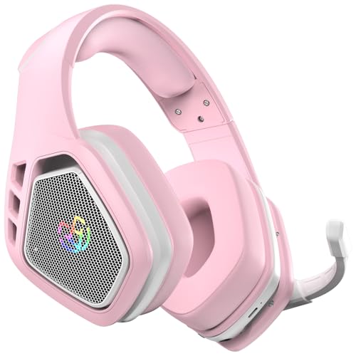 Tatybo Wireless Gaming Headset for PC Ps5 Ps4, 2.4GHz USB & Type-C & Bluetooth Gaming Headphones with Mic, 40H Battery Comfortable Gaming Headsets for Switch Laptop Mobile Mac (Pink)