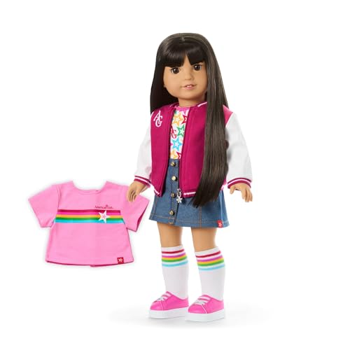Image of Bundle of American Girl Truly Me 18-inch Doll #130 with Brown Eyes, Straight Black-Brown Hair, Light-to-Medium Skin, for Ages 6+ + Truly Me 18-inch Doll Outfit, Bows & Blooms Outfit, for Ages 6+