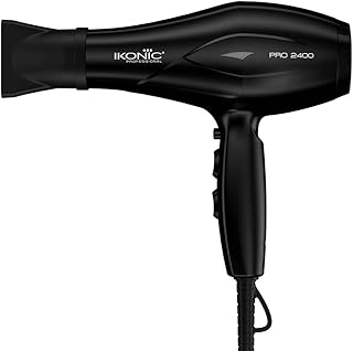 Ikonic 2400 Professional Hair Dryer, Black, 2200W with Powerful AC motor, 2 speed and 3 heat settings with Cool shot, 2 Interchangeable Nozzles, Hang up loop, Control Frizz, All Hair Type