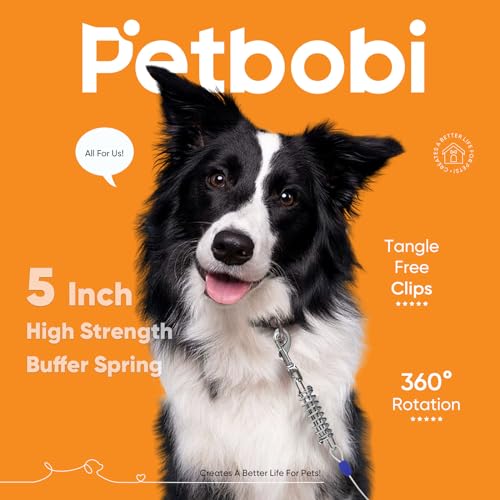 Petbobi 25ft Dog Tie Out Cable Up to 90lbs - Outdoor Leash for Medium Large Dogs, 4mm Diameter Cable, Shock Absorbing Spring, 360° Swivel Clips - Give Your Dog The Freedom to Roam, Reflective Silver