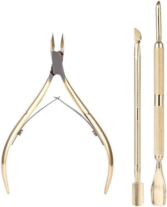 3Pcs Cuticle Nipper with Cuticle Pusher Trimmer, Stainless Steel Remover Cutter Scissors Nail Art Tools,Gold