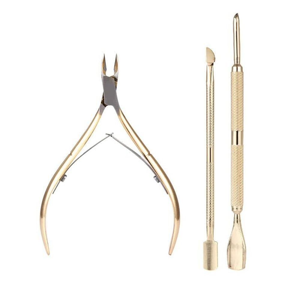 Ktucn Gold 3Pcs Cuticle Nipper With Cuticle Pusher Trimmer, Stainless Steel Remover Cutter Scissors Nail Art Tools,