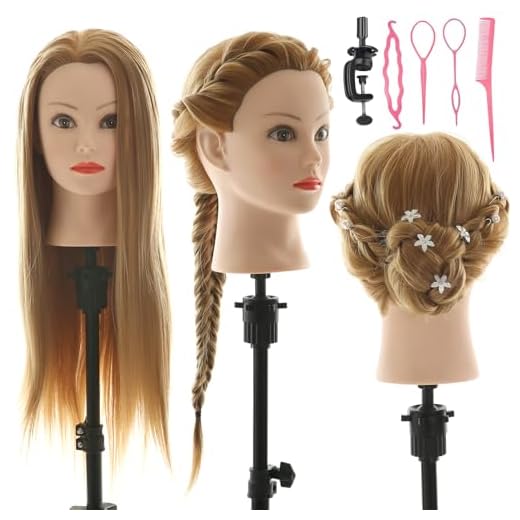 Tete a Coiffer Professionnel 26 inch 100% de Cheveux Synthétiques Tête À Coiffer Tête de coiffure Têtes d'exercice Cosmétologie avec Support + Ensemble de Tresse